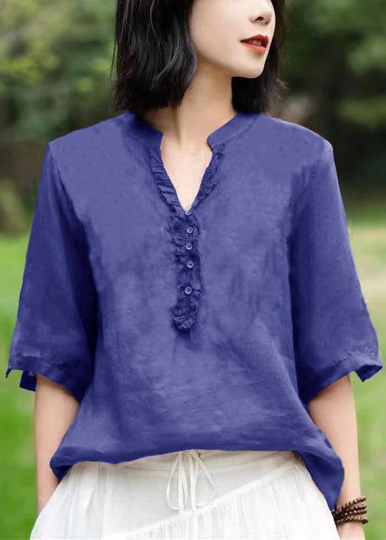 Unique Mulberry V Neck Embroidered Patchwork Linen T Shirts Half Sleeve