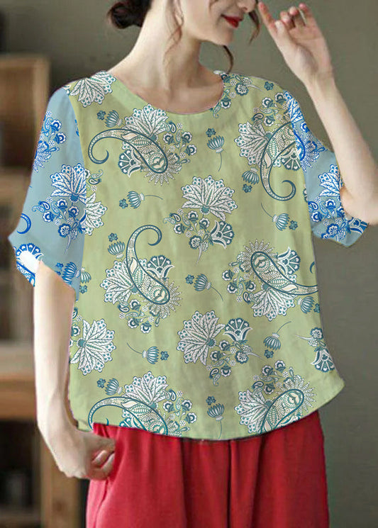 Unique Green cashew nuts O-Neck Embroidered Summer Ramie Shirt Half Sleeve