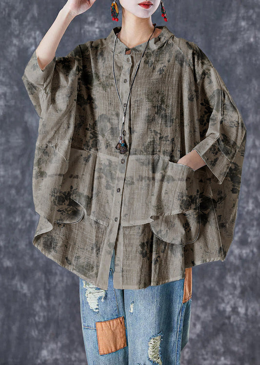 Plus Size Gray-camouflage Stand Collar Patchwork Linen Shirt Tops Batwing Sleeve