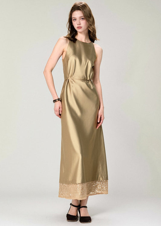 2024 New Gold Print Patchwork Silk Long Dress Summer