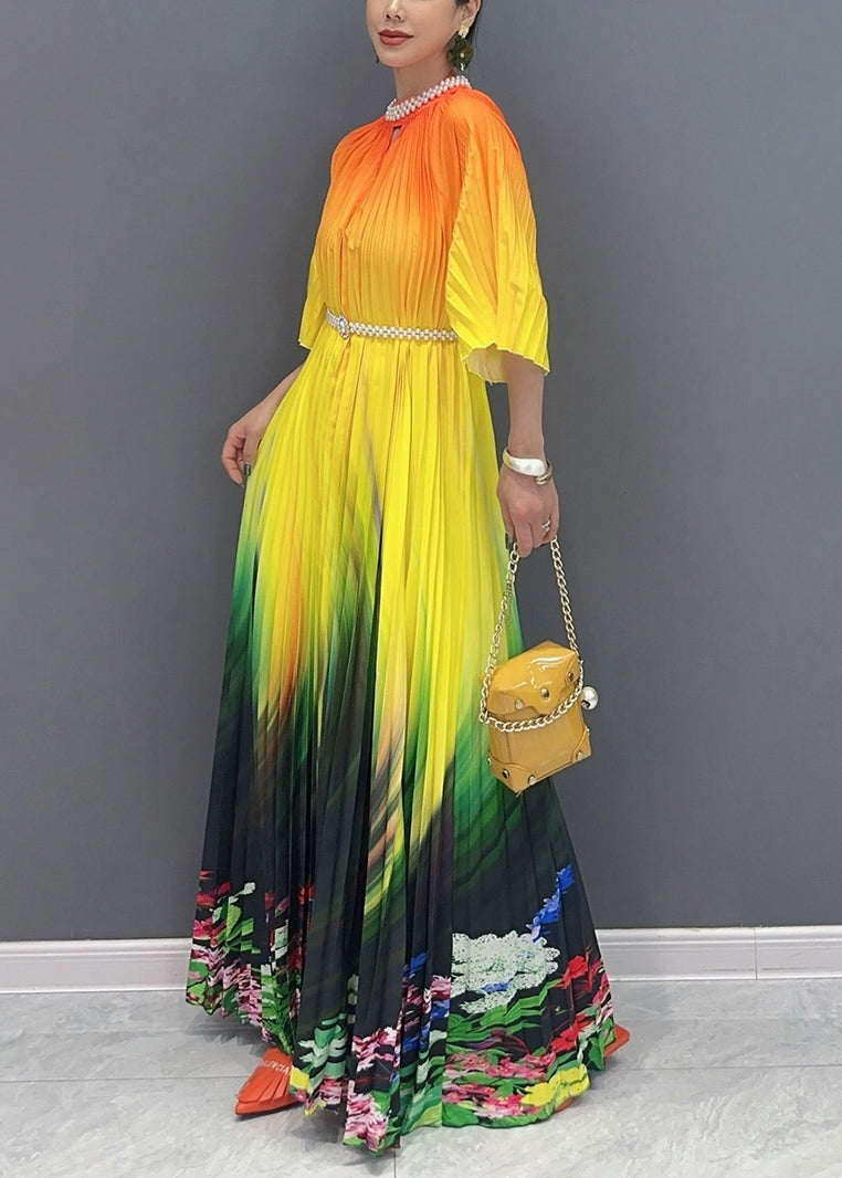 2024 Summer Fashion Orange Yellow Color Blocked Long Pleated Dress