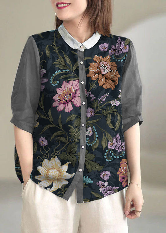 Beautiful Grey flower Peter Pan Collar Button Loose Fall Half Sleeve Shirt Tops