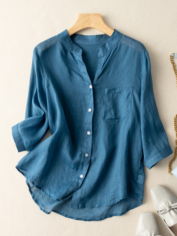 Plain 3/4 Sleeve V Neck Loosen Ramie Shirt