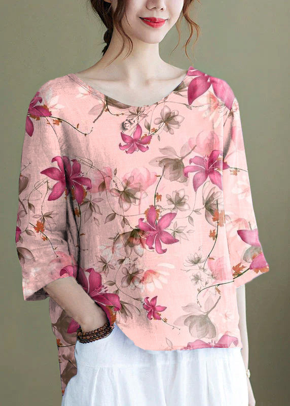 DIY Pink crane Embroidered side open Half Sleeve Top