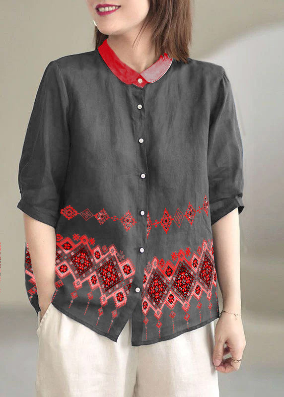 Beautiful Grey flower Peter Pan Collar Button Loose Fall Half Sleeve Shirt Tops