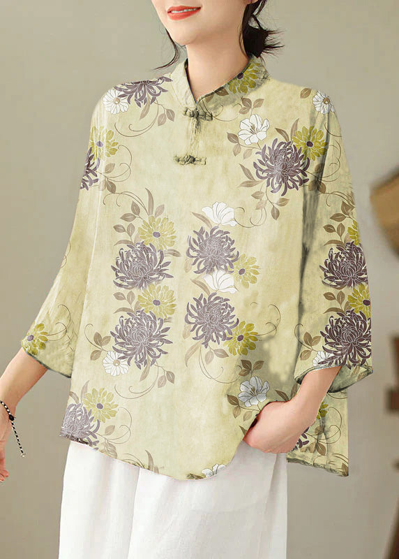 Loose Yellow flower Stand Collar Embroideried Print Cotton Shirt Bracelet Sleeve