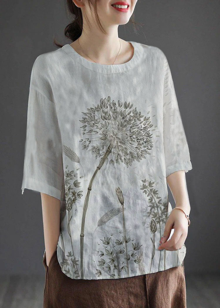 Bohemian White O-Neck Embroideried Floral Summer Linen Tops Half Sleeve