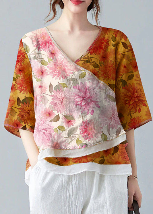 French White flower V Neck asymmetrical design Shirt Spring