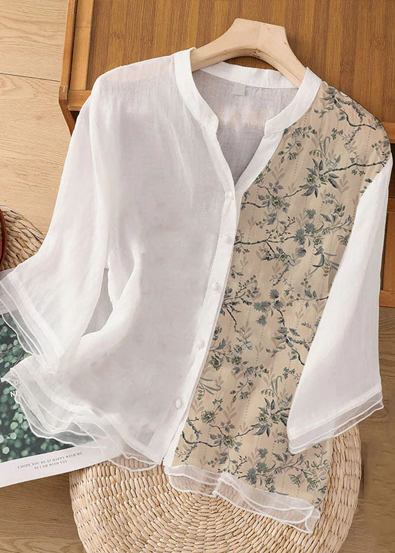 Chic White-ink flowers Embroidered Button Patchwork Linen Top Bracelet Sleeve