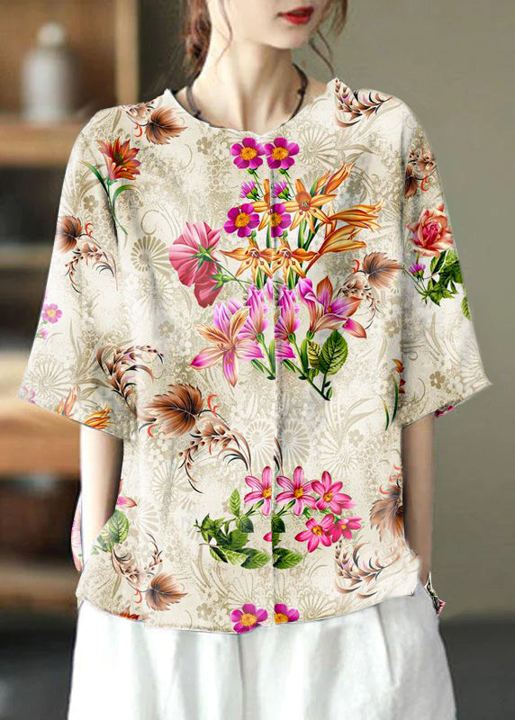 Natural Yellow flowers O-Neck Embroidered Summer Ramie Blouses Half Sleeve