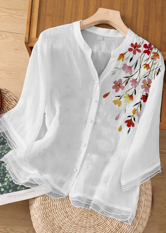 Chic White-ink flowers Embroidered Button Patchwork Linen Top Bracelet Sleeve