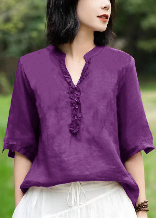 Unique Mulberry V Neck Embroidered Patchwork Linen T Shirts Half Sleeve