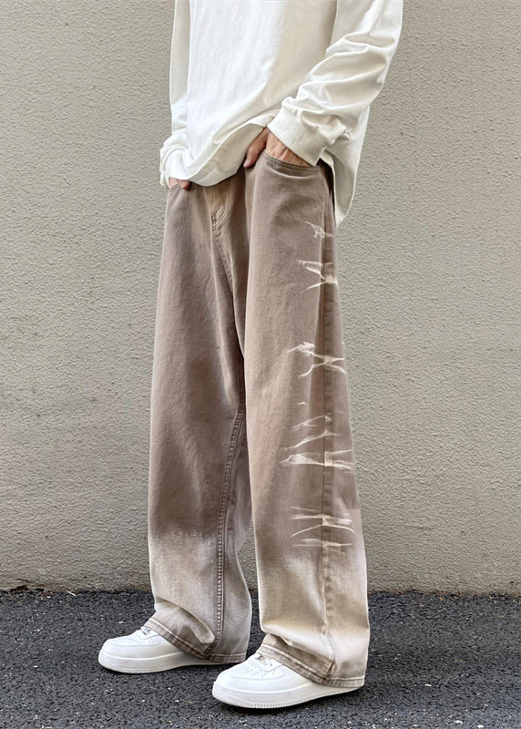 American Light Brown Gradient Tie Dye Denim Straight Leg Pants Autumn