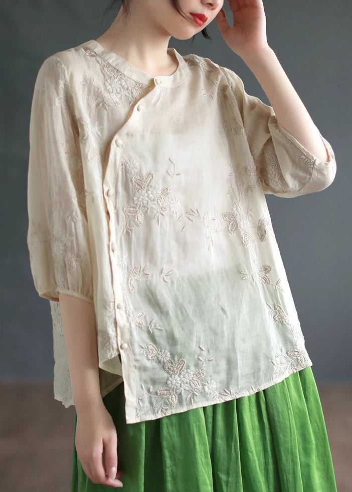 Apricot Embroidered Patchwork Linen Blouses O Neck Half Sleeve