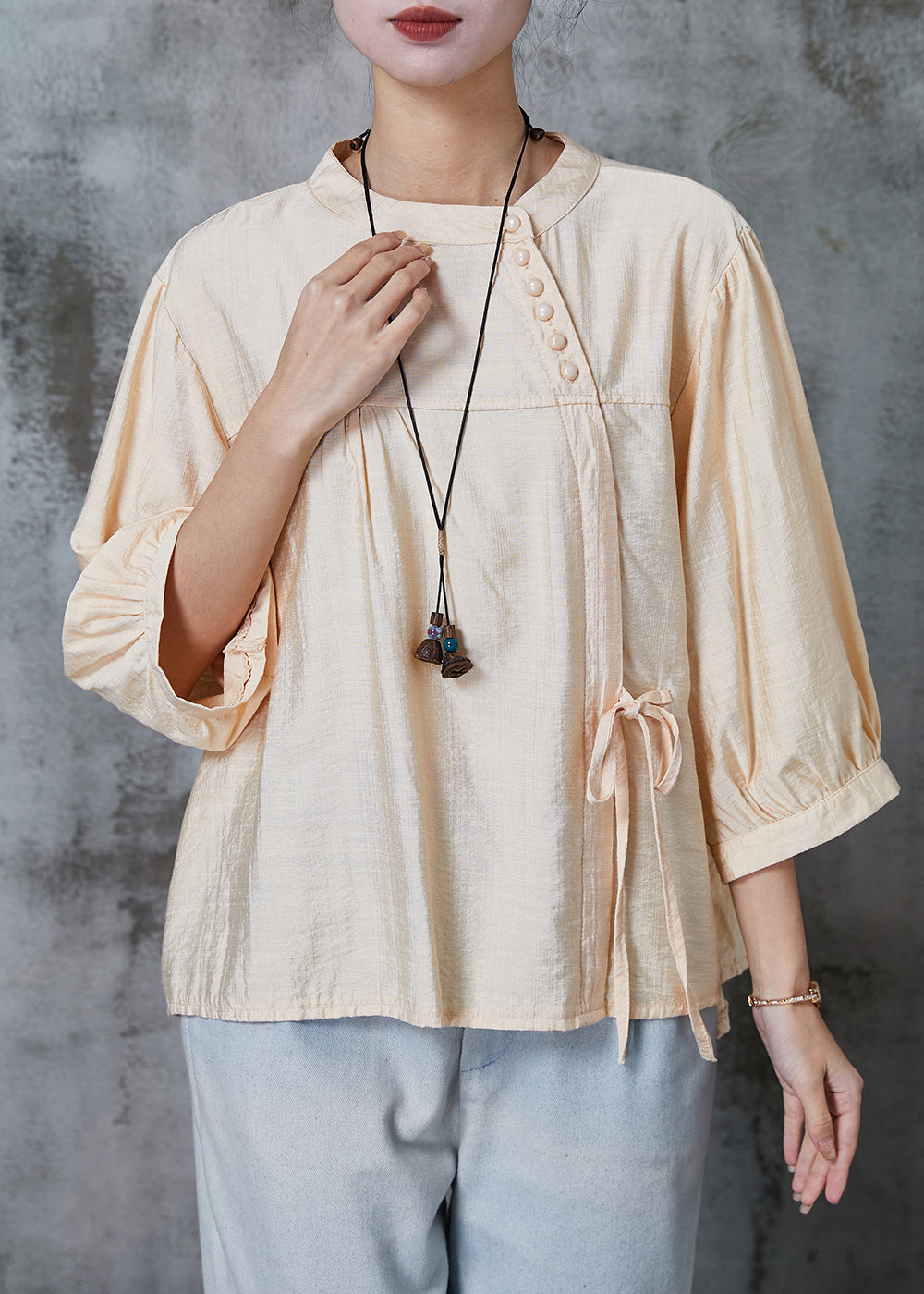 Apricot Linen Shirt Tops Oversized Lace Up Summer