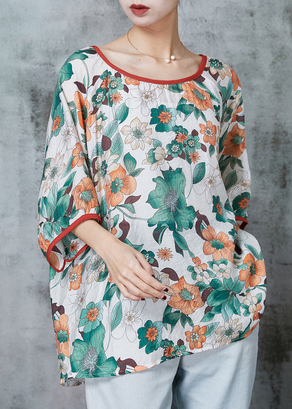 Apricot Print Cotton Shirt Top Oversized Batwing Sleeve