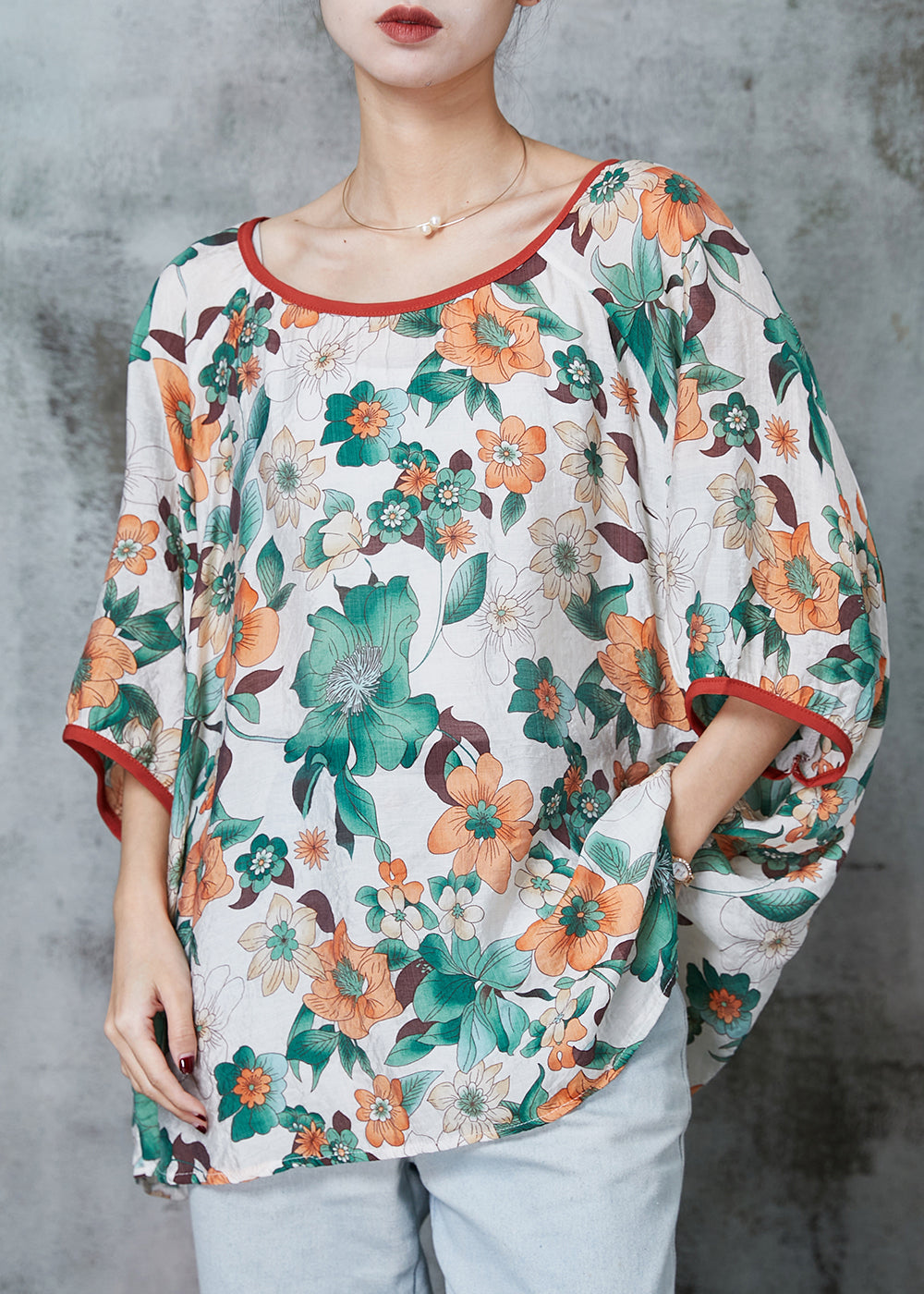 Apricot Print Cotton Shirt Top Oversized Batwing Sleeve