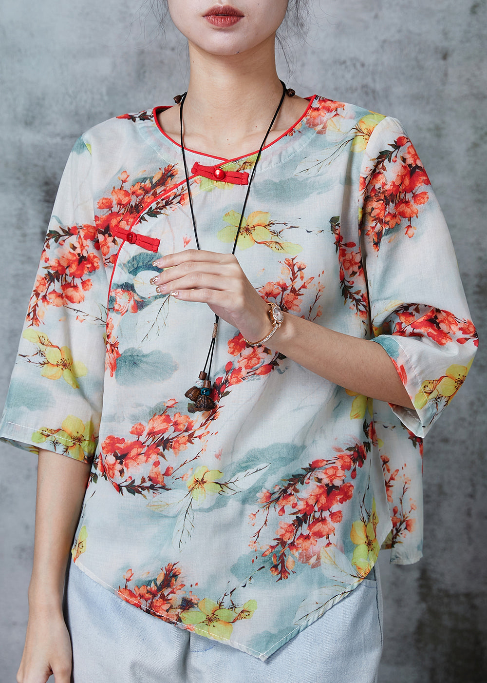 Apricot Print Linen Shirt Top Chinese Button Summer