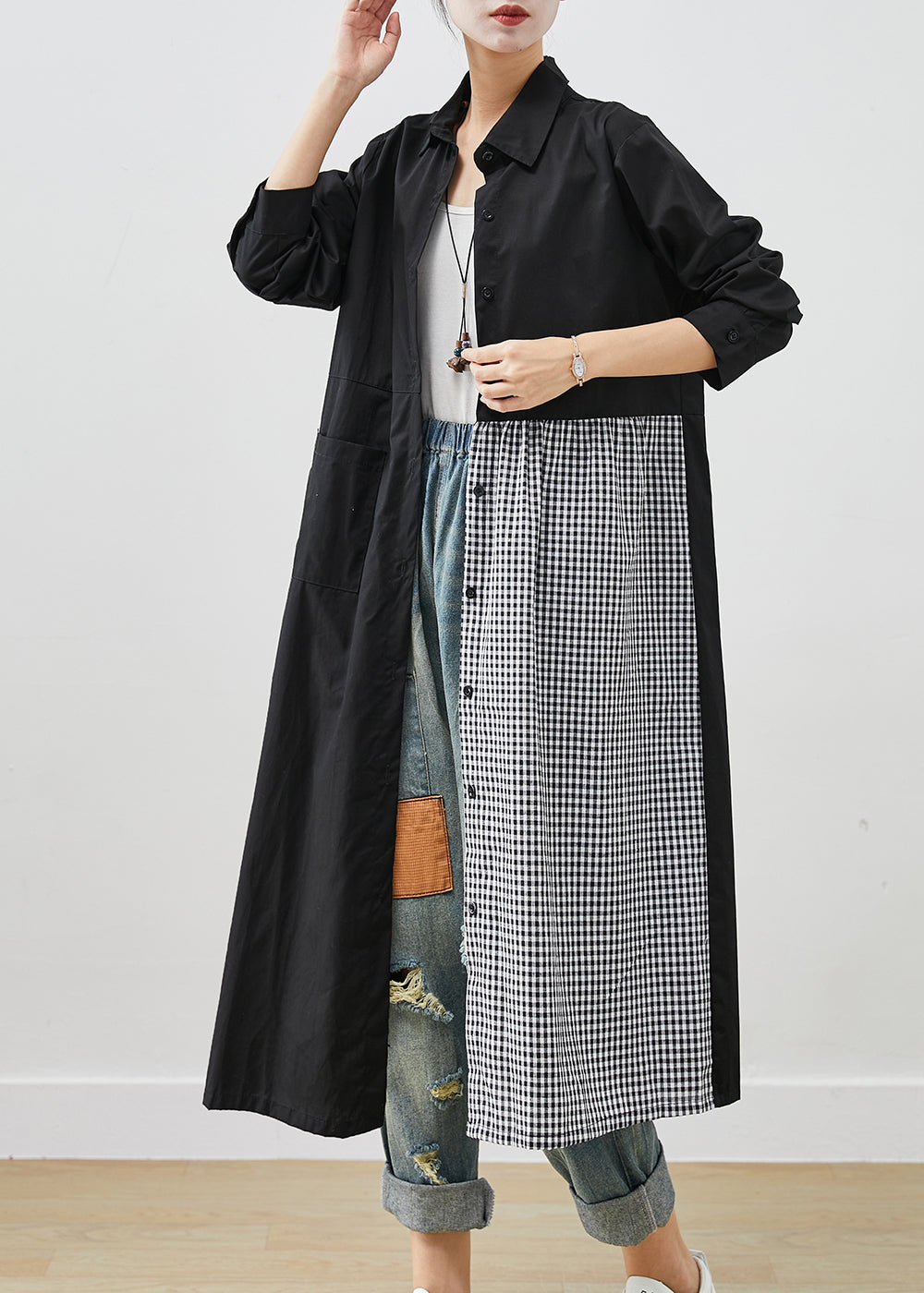 Art Black Asymmetrical Patchwork Plaid Cotton Dresses Fall