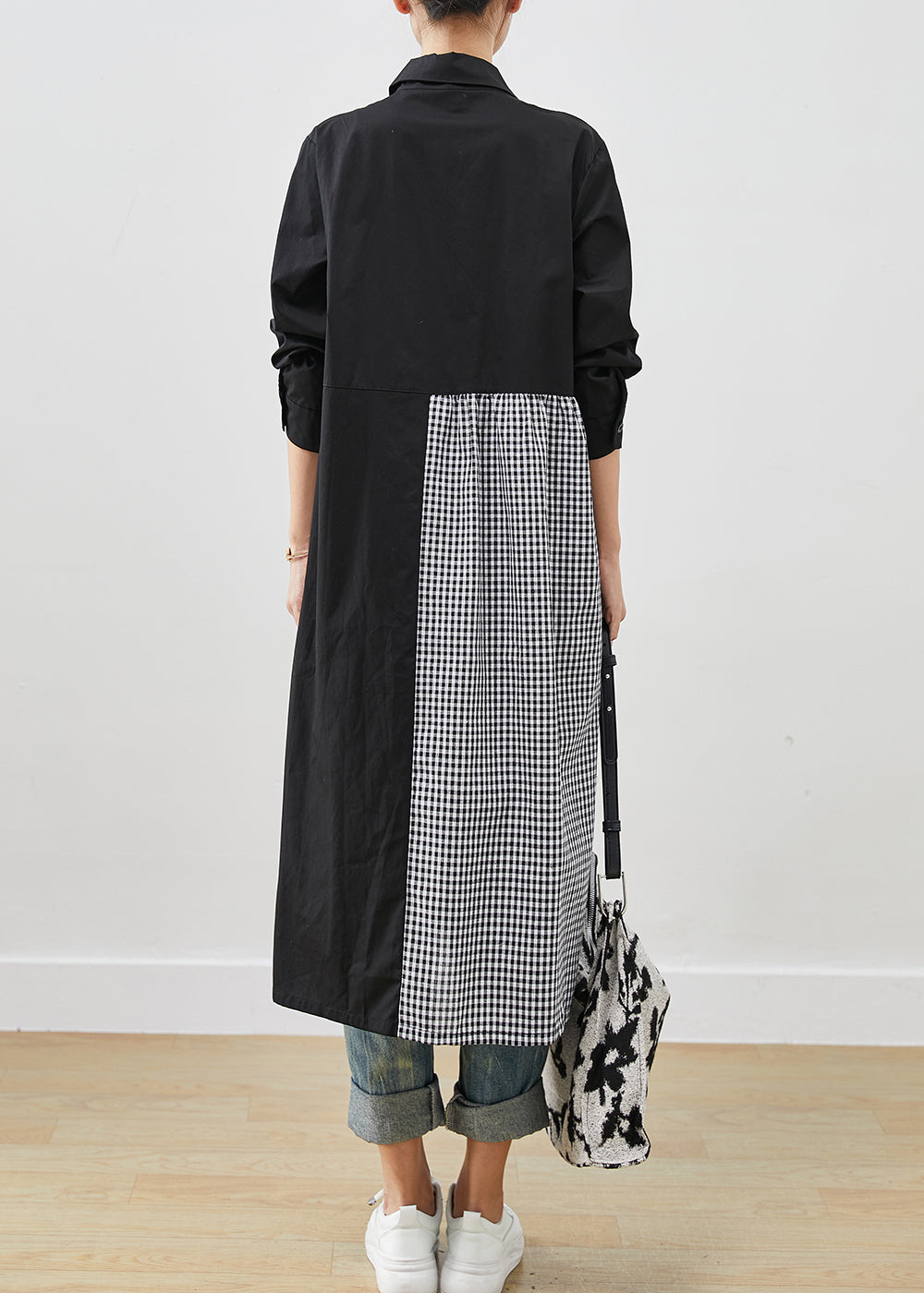 Art Black Asymmetrical Patchwork Plaid Cotton Dresses Fall