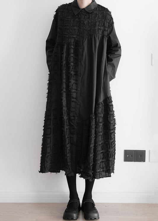 Art Black Patchwork Wrinkled Maxi Shirts Dresses Long Sleeve