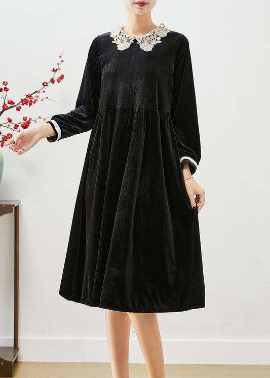 Art Black Peter Pan Collar Lace Patchwork Silk Velour Dress Fall