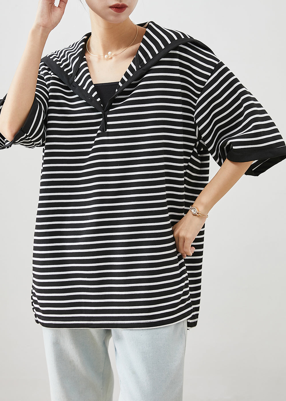 Art Black Sailor Collar Striped Cotton Top Half Sleeve