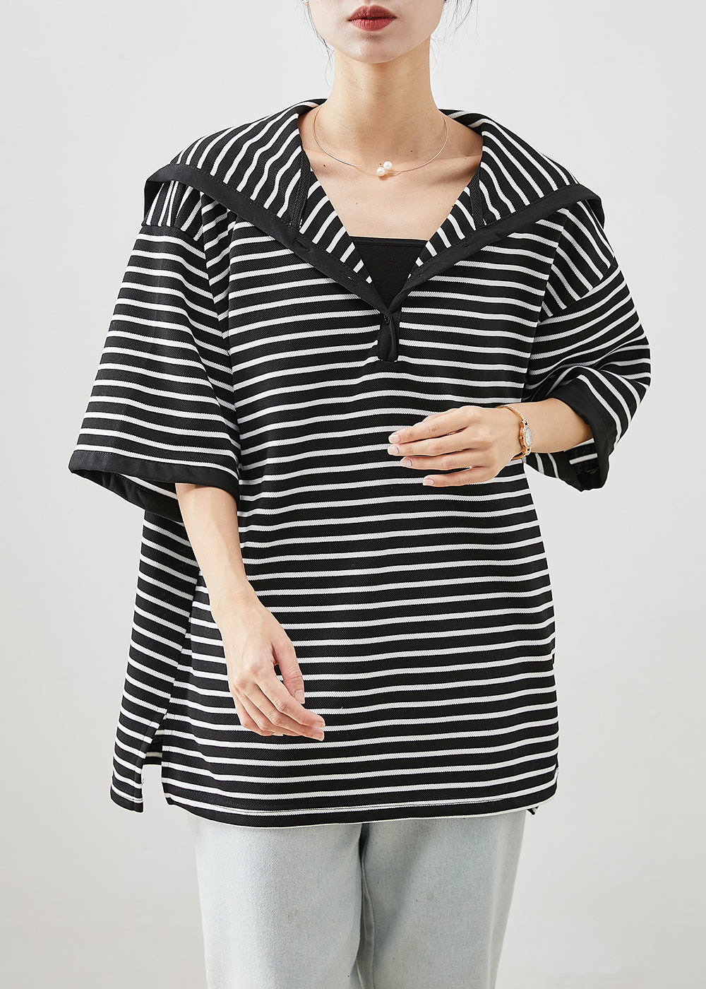 Art Black Sailor Collar Striped Cotton Top Half Sleeve