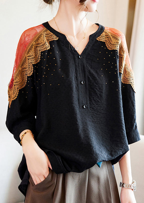 Art Black V Neck Zircon Lace Patchwork Cotton Blouses Half Sleeve