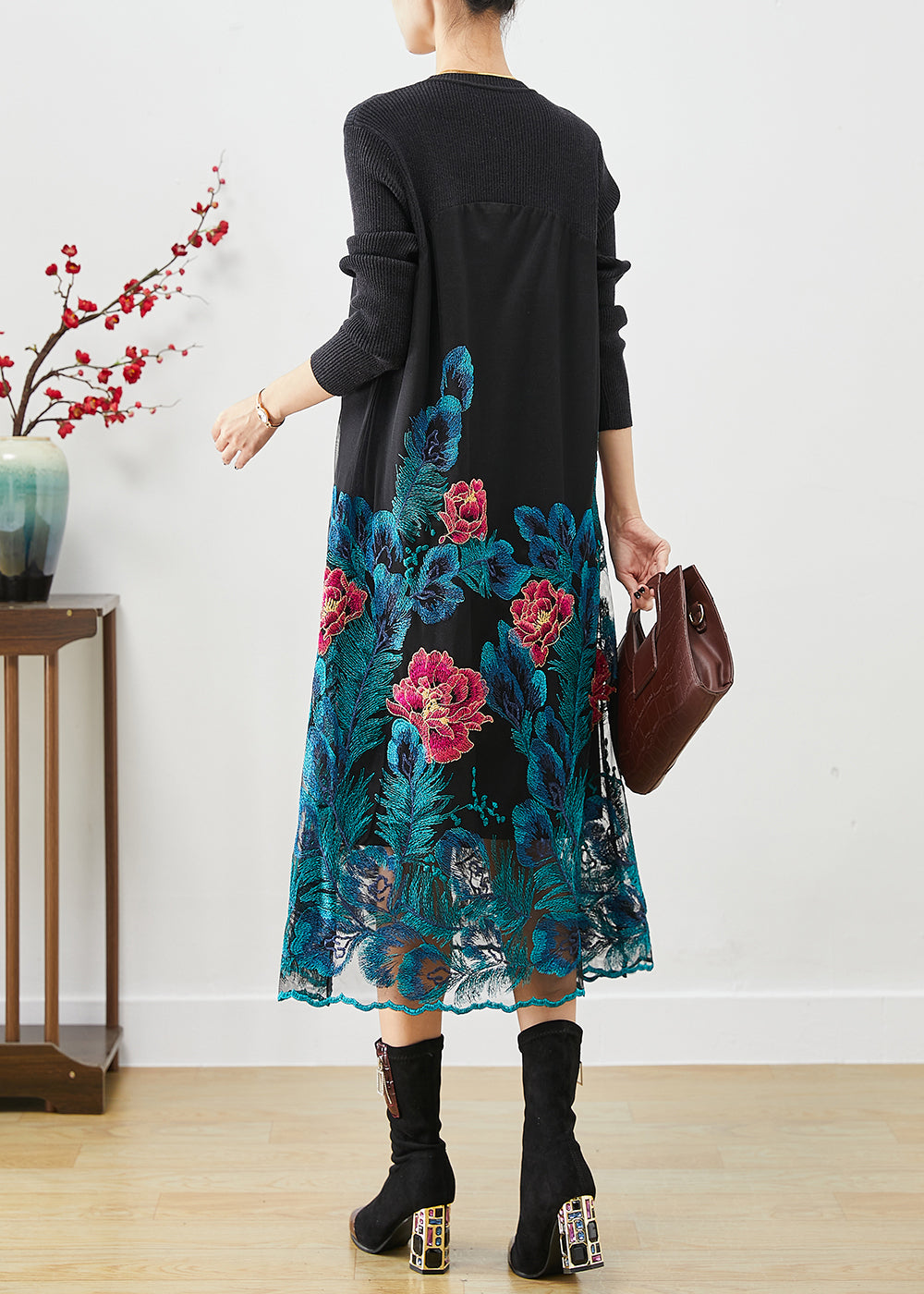 Art Blue Embroidered Floral Knit Long Dress Fall