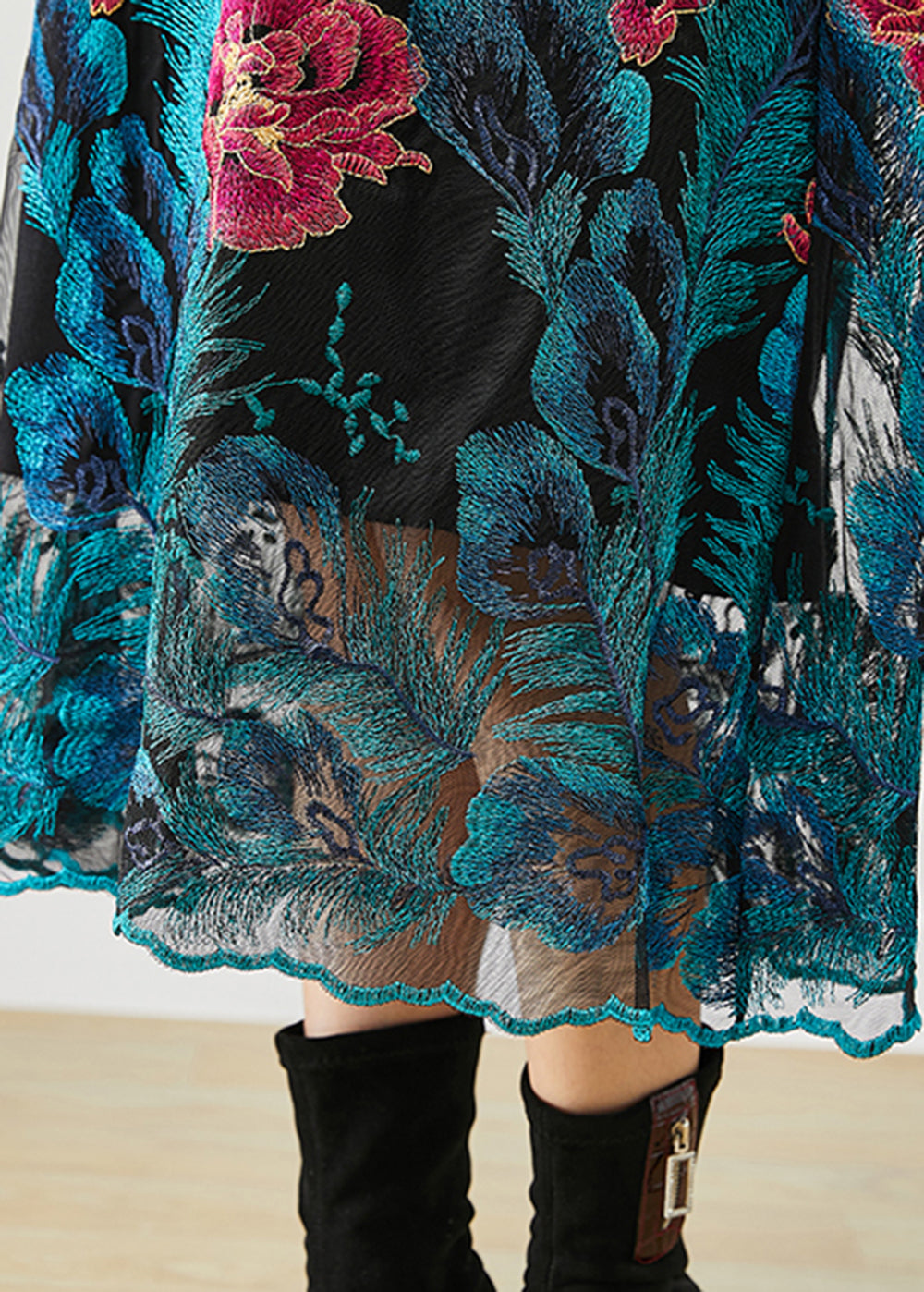 Art Blue Embroidered Floral Knit Long Dress Fall