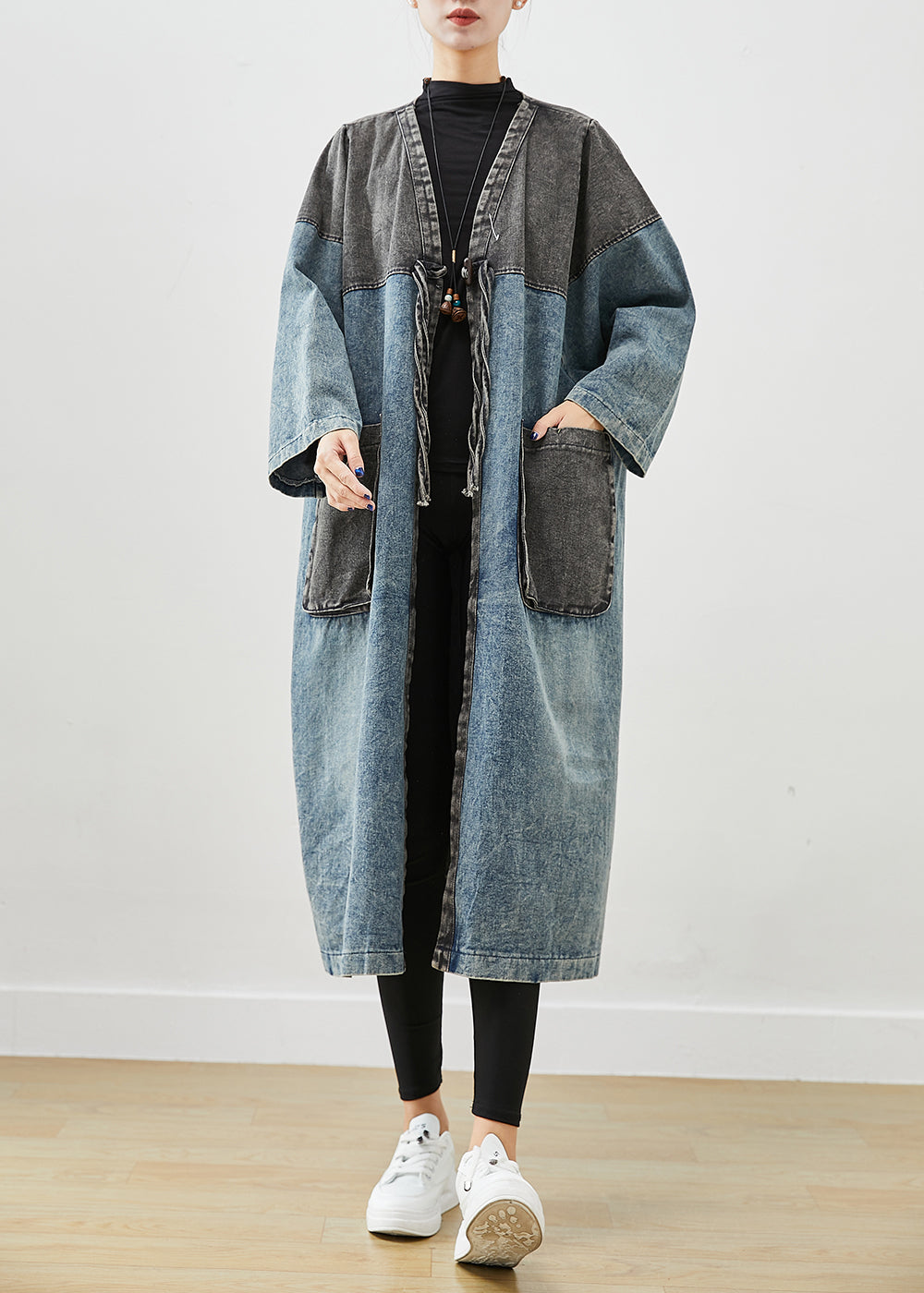 Art Blue Oversized Patchwork Lace Up Denim Cardigan Fall