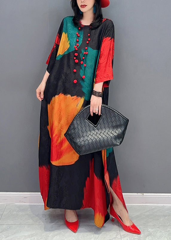 Art Colorblock O Neck Side Open Patchwork Chiffon Dress Fall