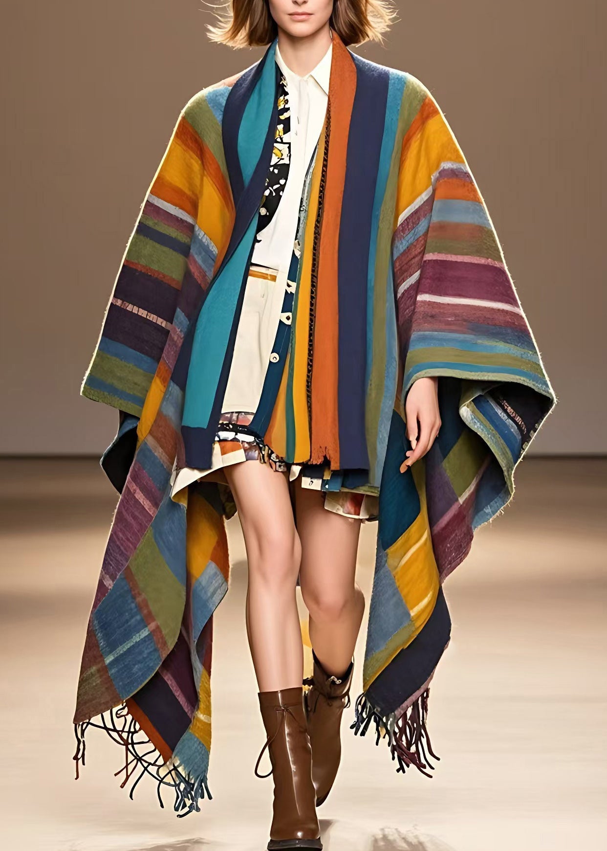 Art Colorblock V Neck Striped Tassel Woolen Long Coats Long Sleeve