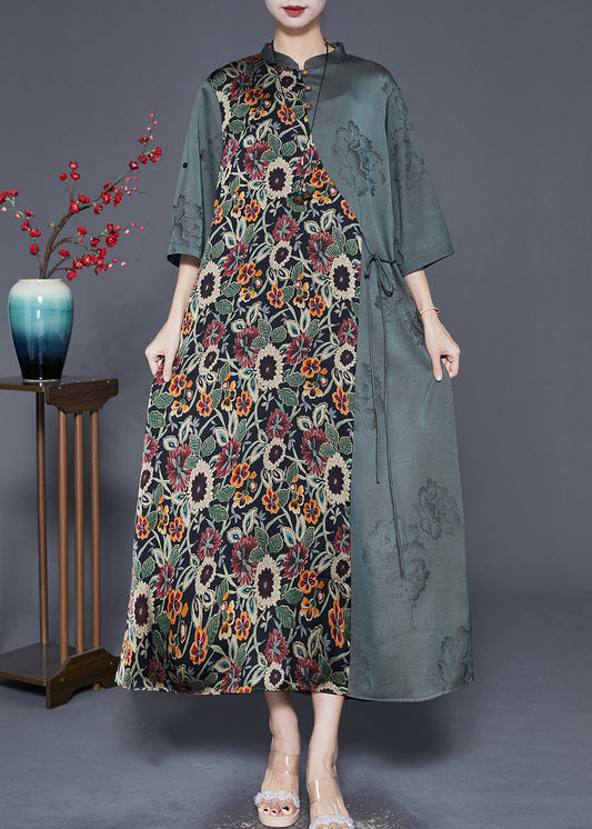 Art Dull Green Print Patchwork Tie Waist Silk Long Dress Fall