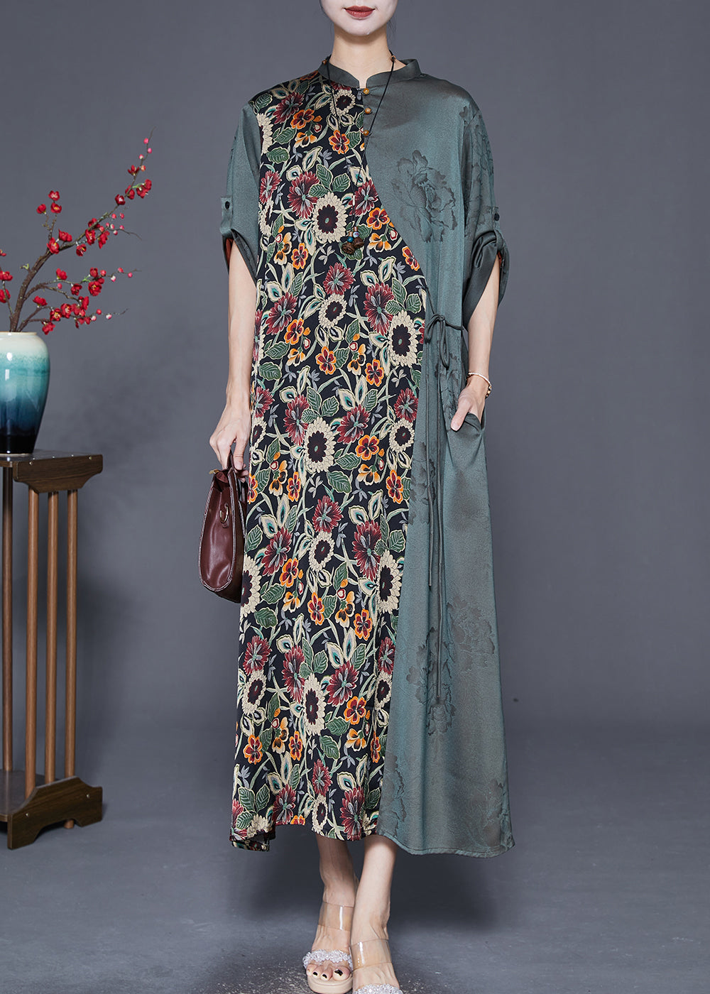 Art Dull Green Print Patchwork Tie Waist Silk Long Dress Fall