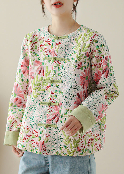 Art Green Embroidered Button Cotton Coats Fall