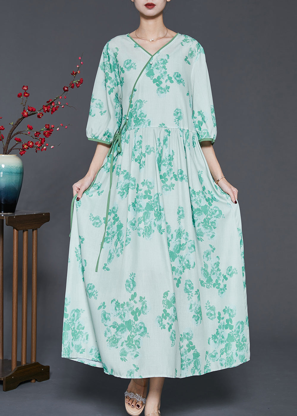 Art Green V Neck Print Linen Dress Spring