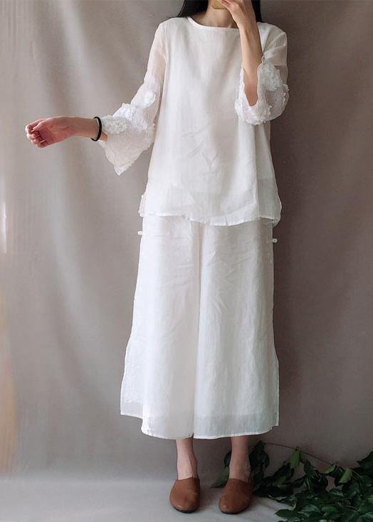 Art O Neck Petal Sleeve Tunics For Women Work White Shirts - SooLinen