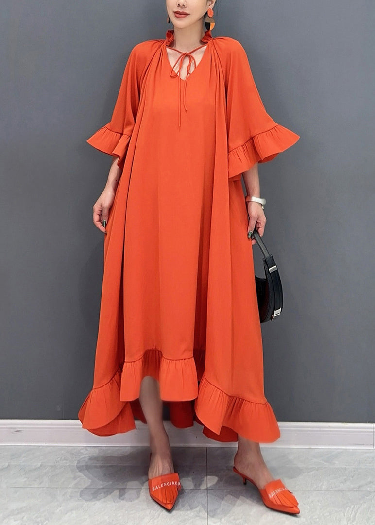 Art Orange V Neck Vacation Long Dresses Flare Sleeve