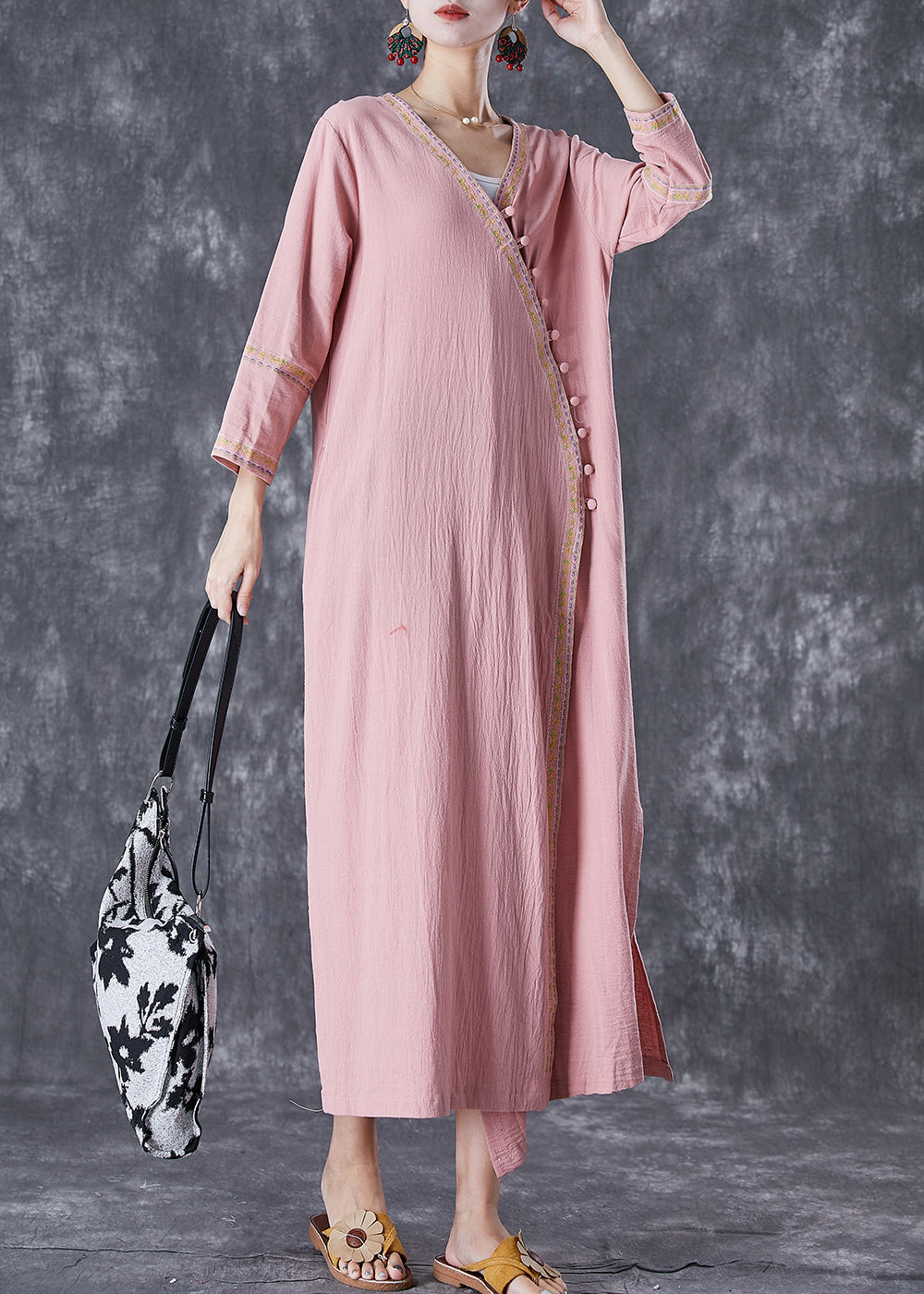 Art Pink Embroidered Button Linen Dresses Fall