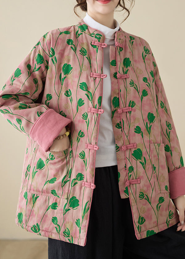 Art Pink Stand Collar Print Pockets Cotton Filled Parka Winter