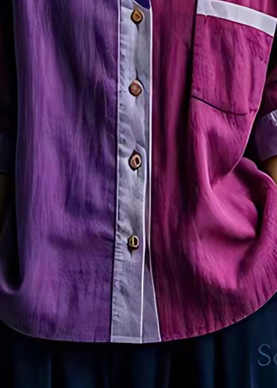 Art Purple Asymmetrical Patchwork Linen Shirts Summer