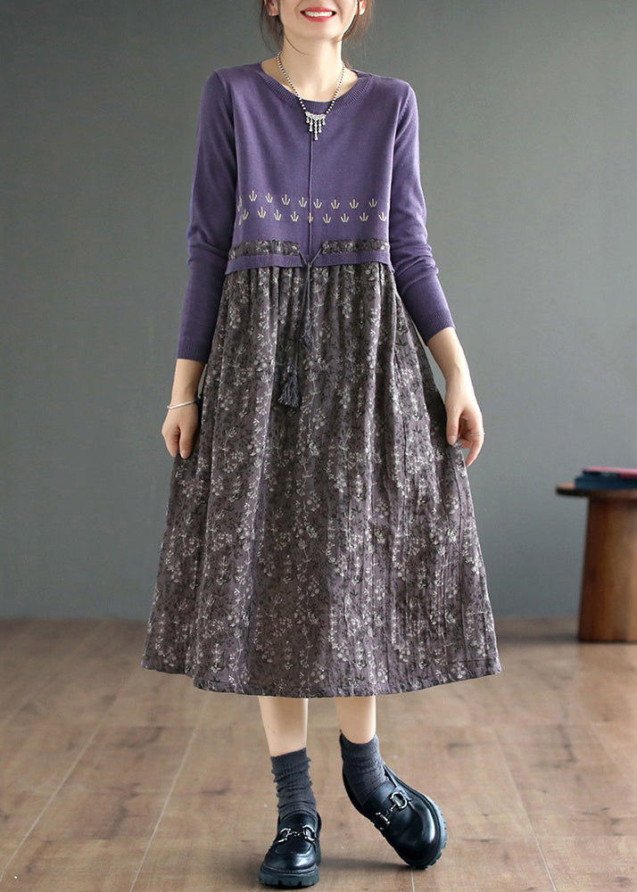 Art Purple Print Lace Up Patchwork Knitting Long Dress Fall