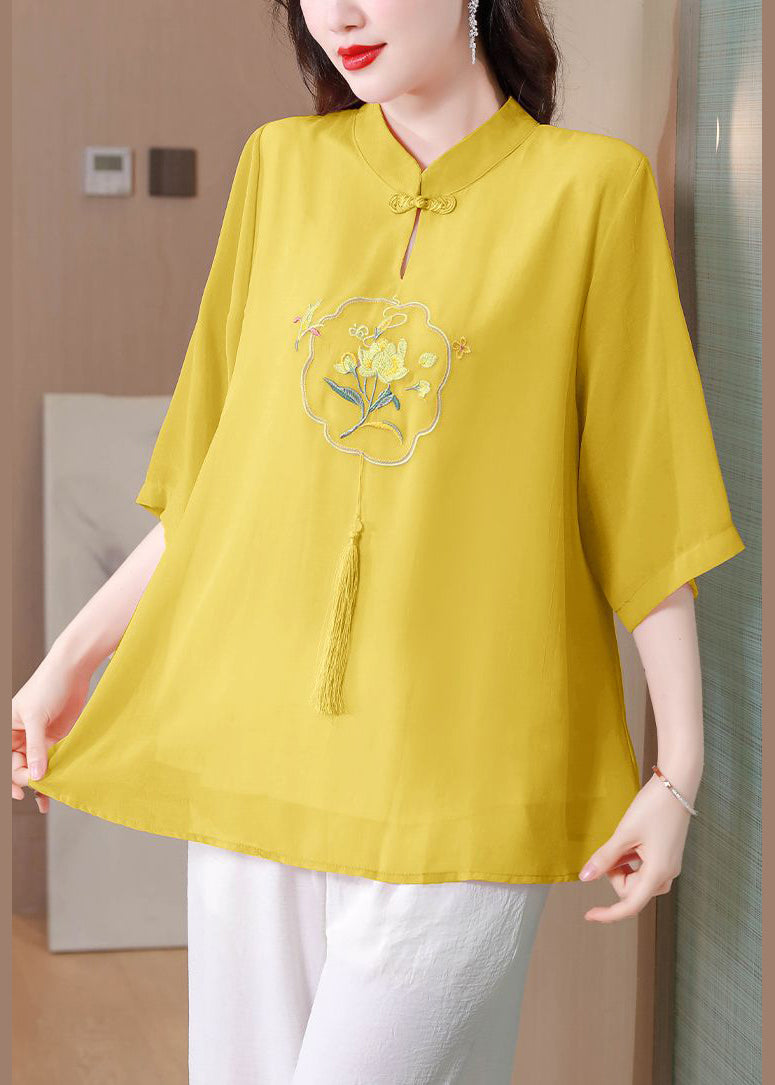 Art Yellow Embroidered Chinese Button Silk Top Half Sleeve