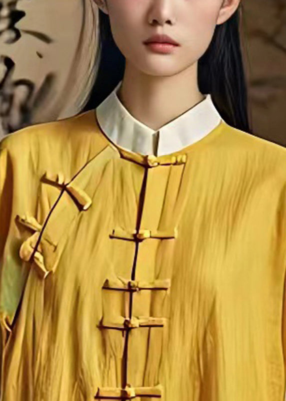 Art Yellow Mandarin Collar Patchwork Linen Oriental Shirts Summer