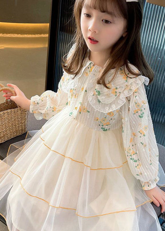 Beautiful Apricot Peter Pan Collar Patchwork Tulle Girls Long Dresses Long Sleeve