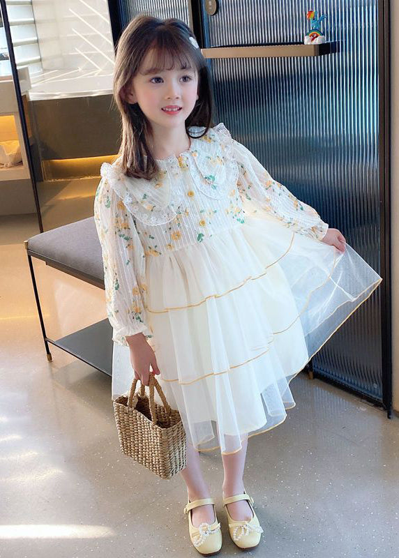 Beautiful Apricot Peter Pan Collar Patchwork Tulle Girls Long Dresses Long Sleeve