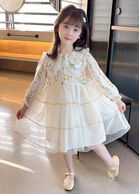 Beautiful Apricot Peter Pan Collar Patchwork Tulle Girls Long Dresses Long Sleeve