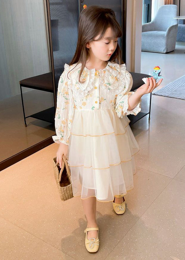 Beautiful Apricot Peter Pan Collar Patchwork Tulle Girls Long Dresses Long Sleeve